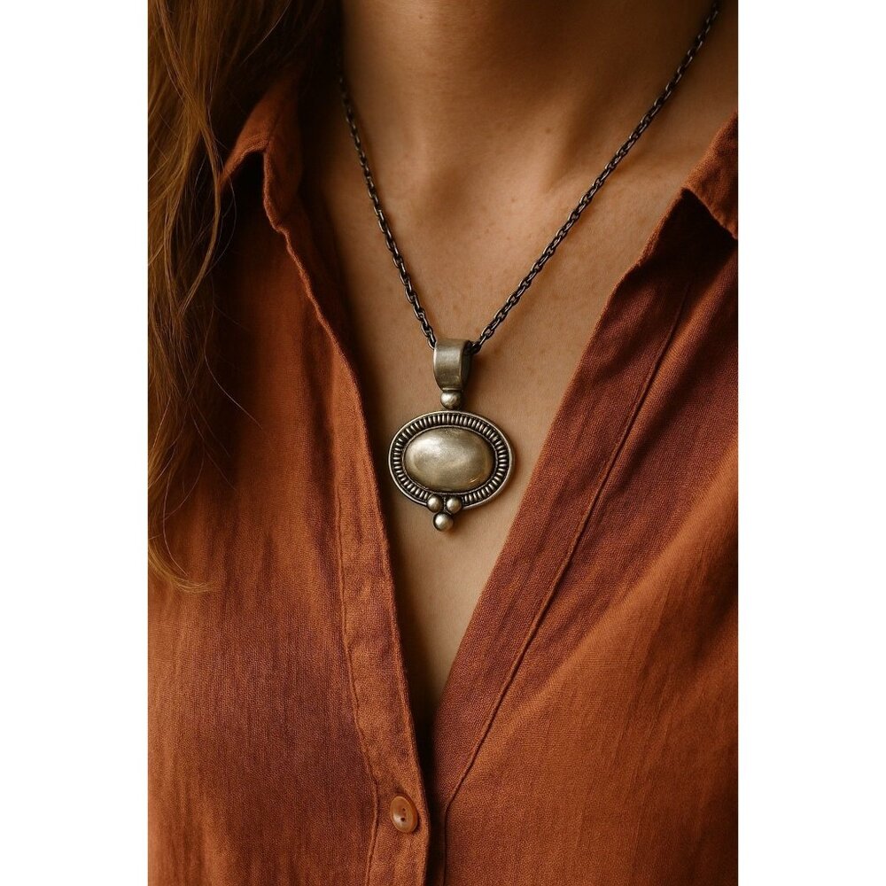 Marie Jennifer Silver Tone Oval Pendant — Signed MJ—Artisan Look—1.5” Long